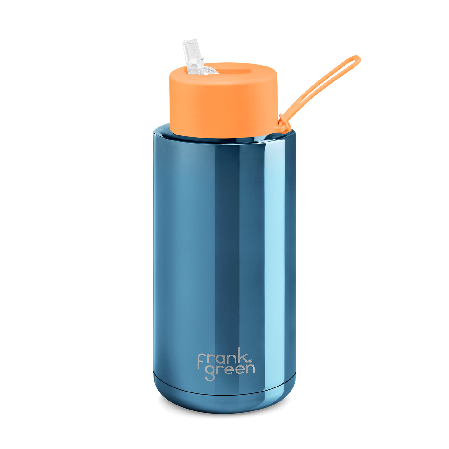 Frank Green 34oz / 1000ml Chrome Ceramic Straw Lid Bottle - Blue with Neon Orange