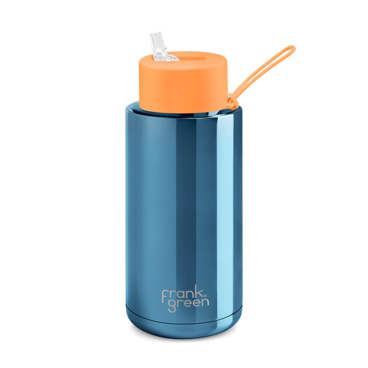 Frank Green 34oz / 1000ml Chrome Ceramic Straw Lid Bottle - Blue with Neon Orange