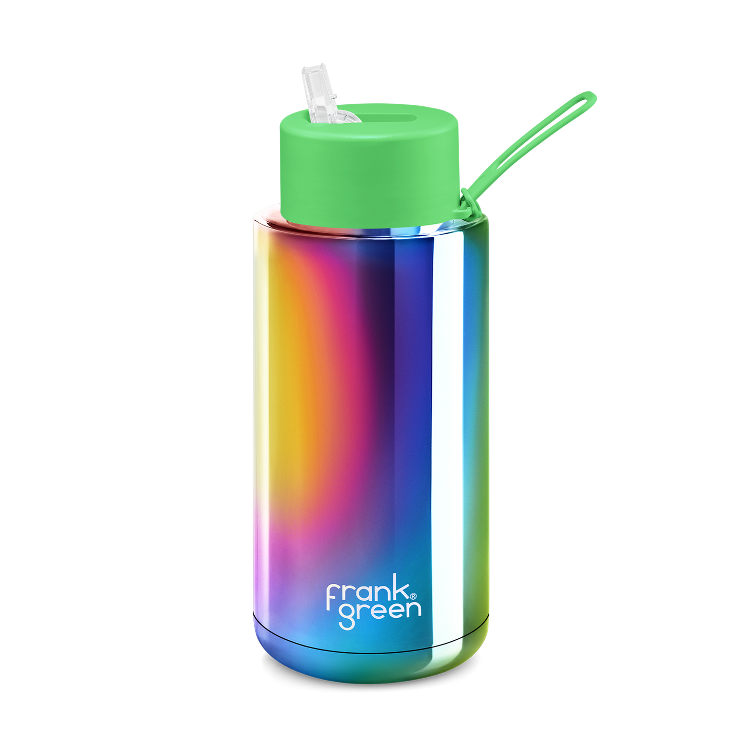 Frank Green 34oz / 1000ml Chrome Ceramic Straw Lid Bottle - Rainbow with Neon Green