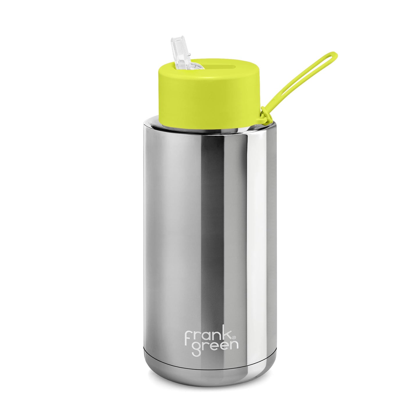 Frank Green 34oz / 1000ml Chrome Ceramic Straw Lid Bottle - Silver with Neon Yellow