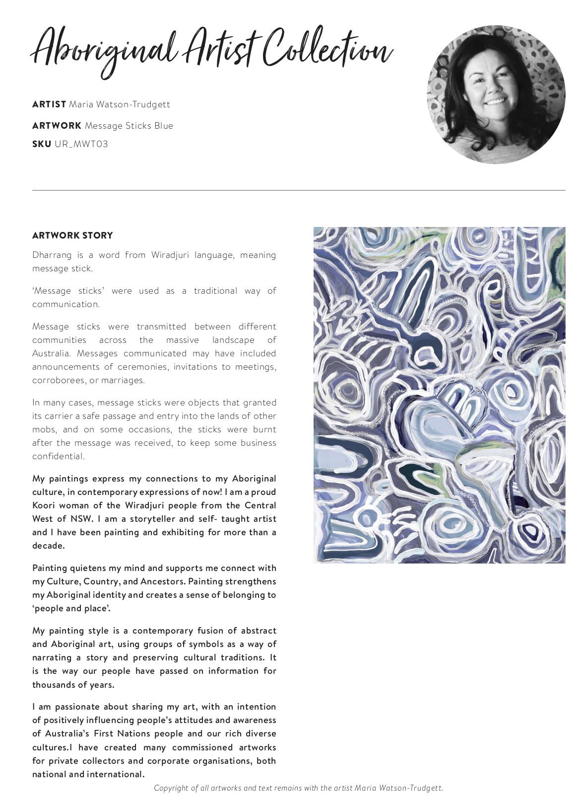 Message Sticks Blue Canvas Aboriginal Art Print - Maria Watson-Trudgett