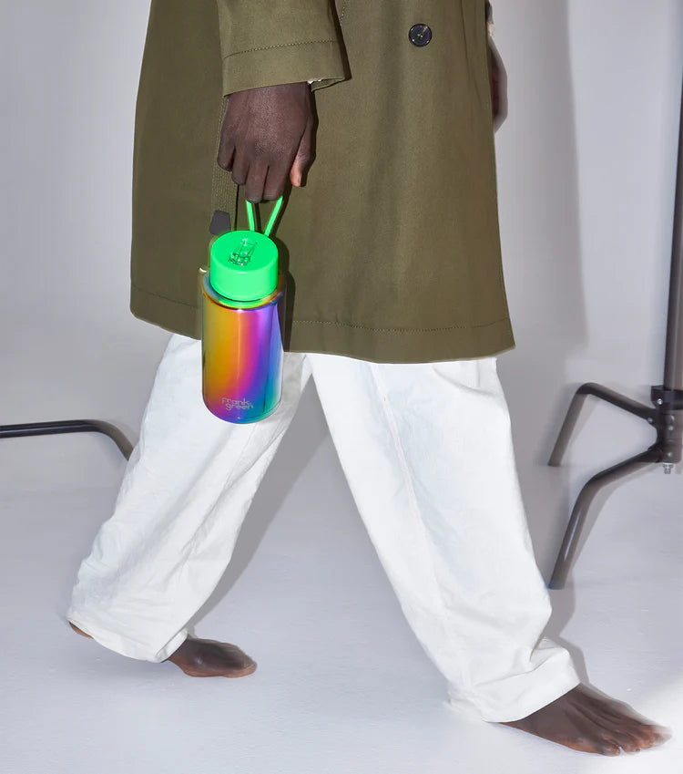 Frank Green 34oz / 1000ml Chrome Ceramic Straw Lid Bottle - Rainbow with Neon Green