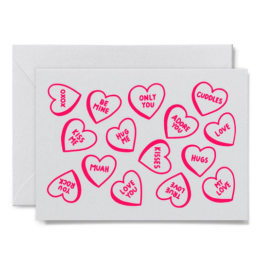 Me & Amber - CANDY HEARTS: Neon pink on white card / Wholesale