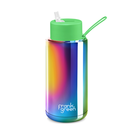 Frank Green 34oz / 1000ml Chrome Ceramic Straw Lid Bottle - Rainbow with Neon Green