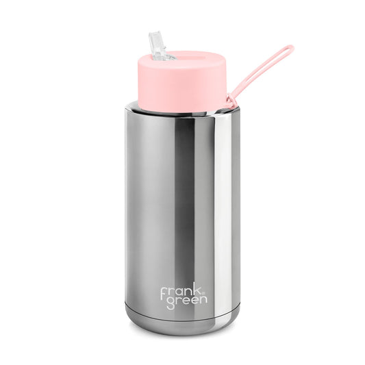 Frank Green 34oz / 1000ml Chrome Ceramic Straw Lid Bottle - Silver with Blushed