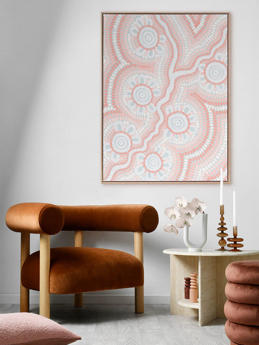 Connection to the River Blush Pink Canvas Aboriginal Art Print - Joedie Lawler