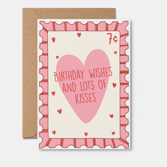 From Rosalie - Wishes Kisses Postage Stamp Birthday Card 